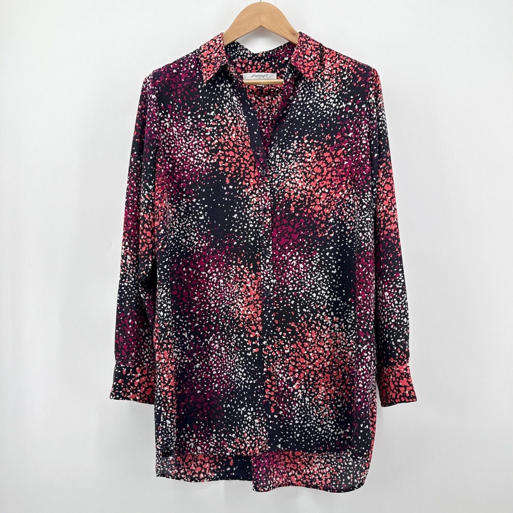 Foxcroft NYC Women's Black Speckled Print Button Down Shirt Size 14 Hi-Lo Office